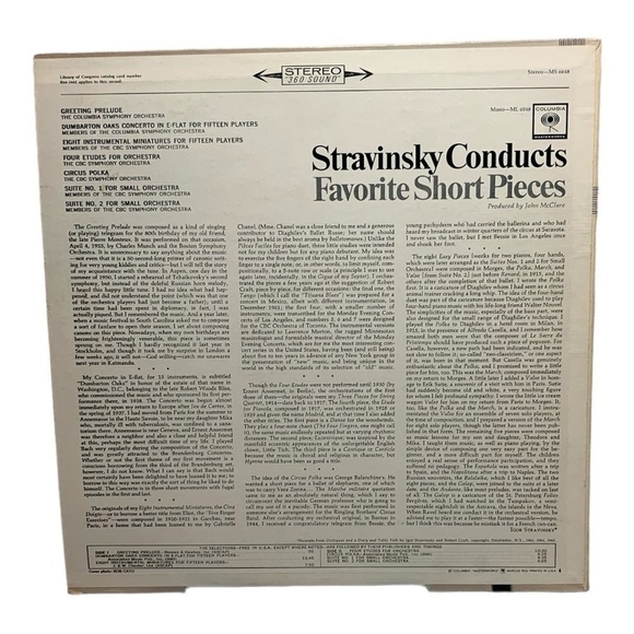 LP Igor Stravinsky - Stravinsky Conducts Favorite Short Pieces Vinyl Record - Picture 2 of 2